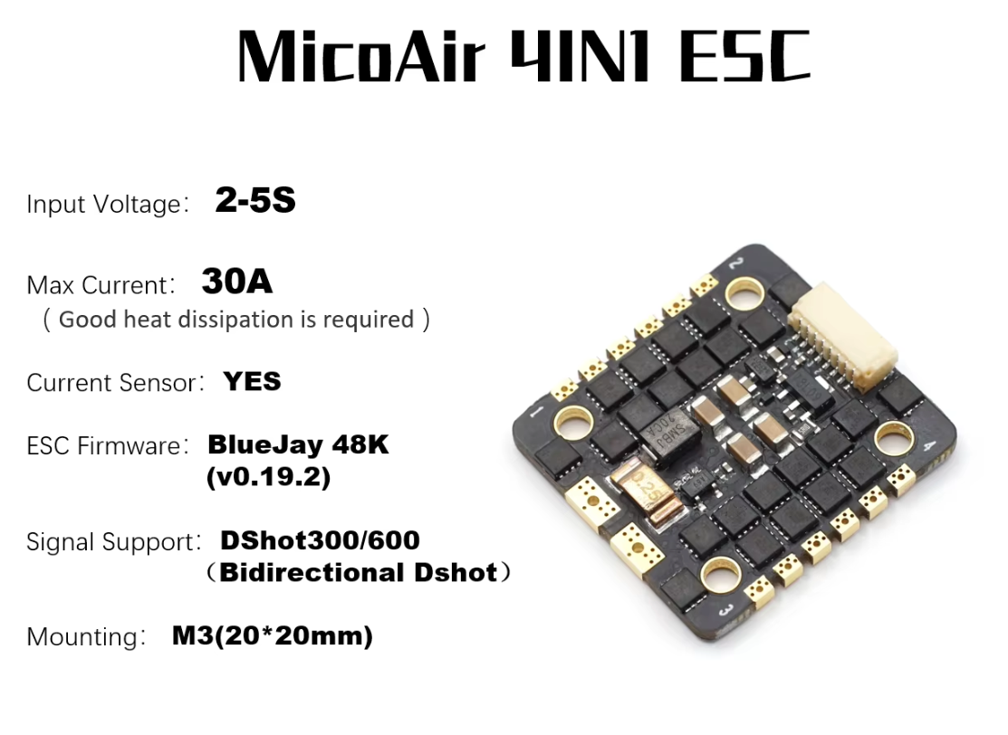 MicoAir F405 Mini Flight Controller Board 20x20mm & Bluejay 30A 4in1 ESC with full port enable and OSD built-in, supports Betaflight/INAV/ Ardupilot & DJI O3 Air Unit FPV