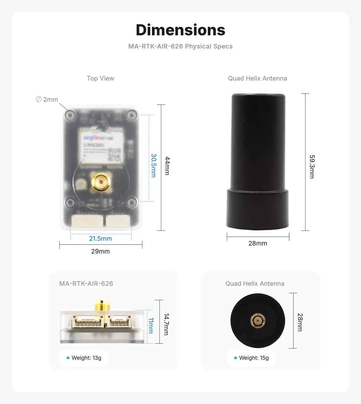 MA-RTK-AIR-626 dimensions — 44 x 29 x 11 mm, 12.5 g