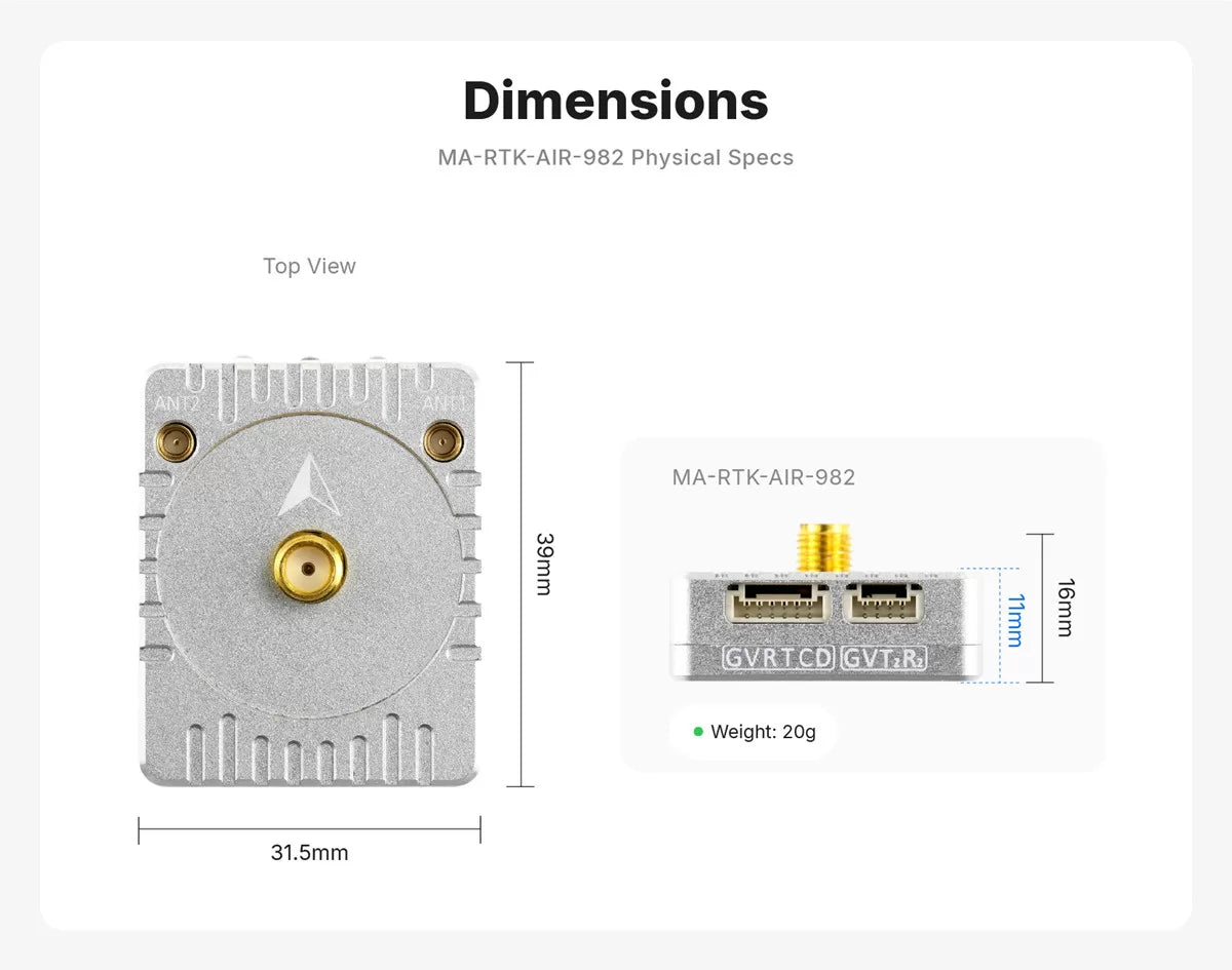 MA-RTK-AIR-982 dimensions — 39 x 31.5 x 11 mm, 20 g