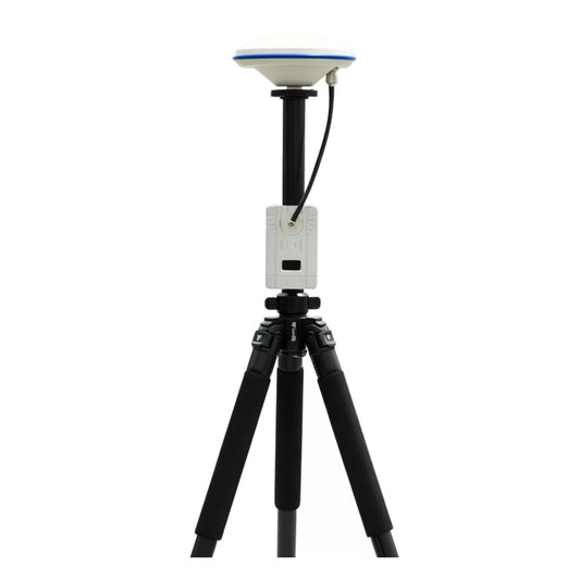 MicoAir MA-RTK-BASE station kit assembled on tripod with multi-band mushroom antenna