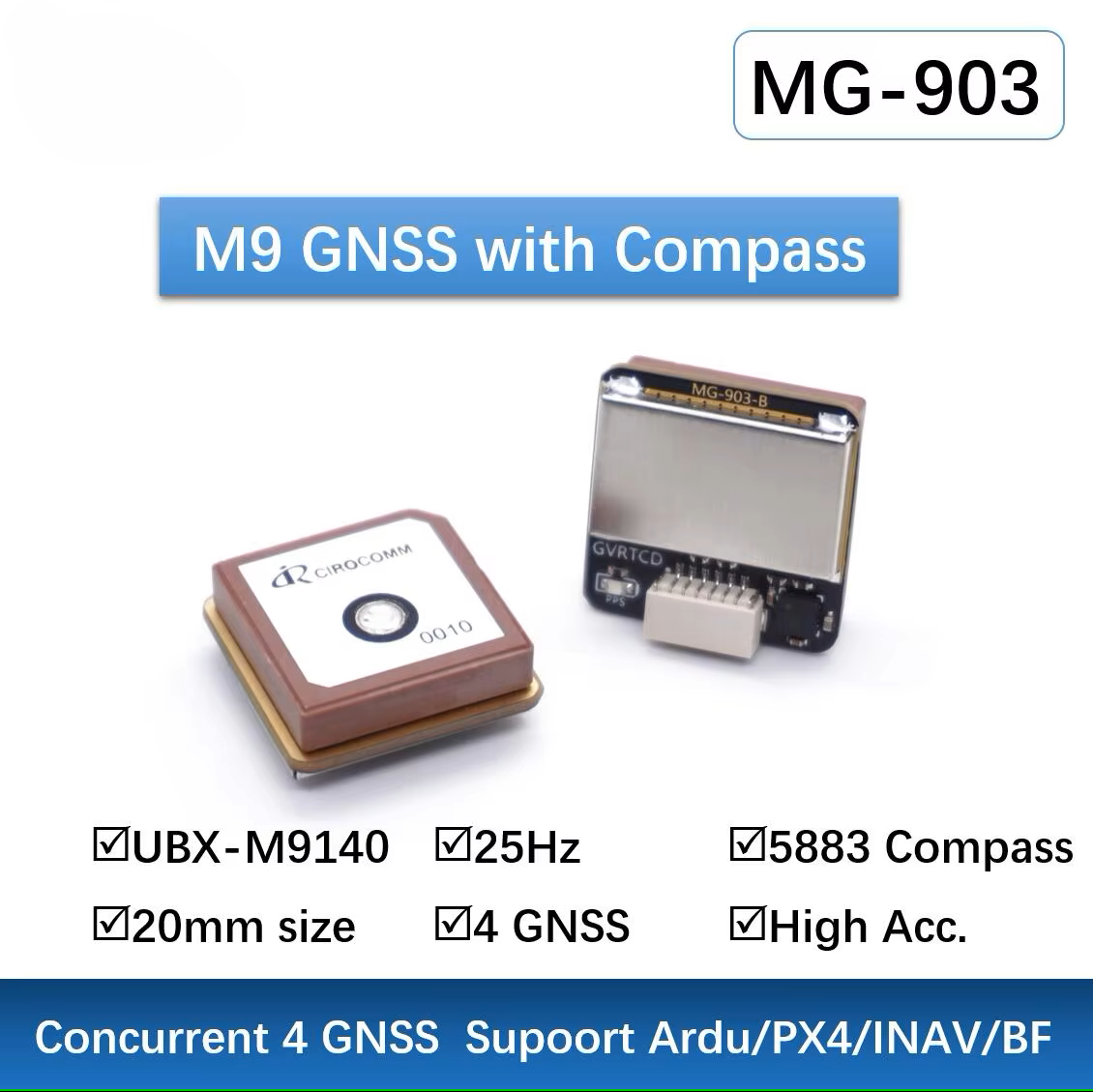 Module GPS GNSS de petite taille M9-5883 avec boussole QMC5883L MicoAir Tech MG-903 pour Drones FPV/course, remplacement de M9N-5883