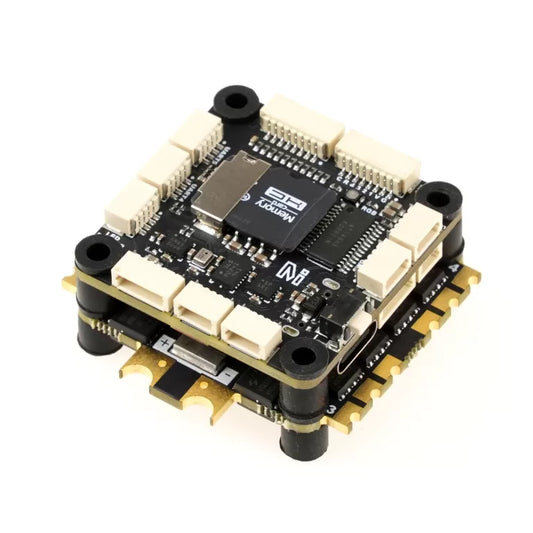 MicoAir H743 V2 flight controller and 50A ESC stack — the core of the Robofusion 5-inch FPV electronics kit