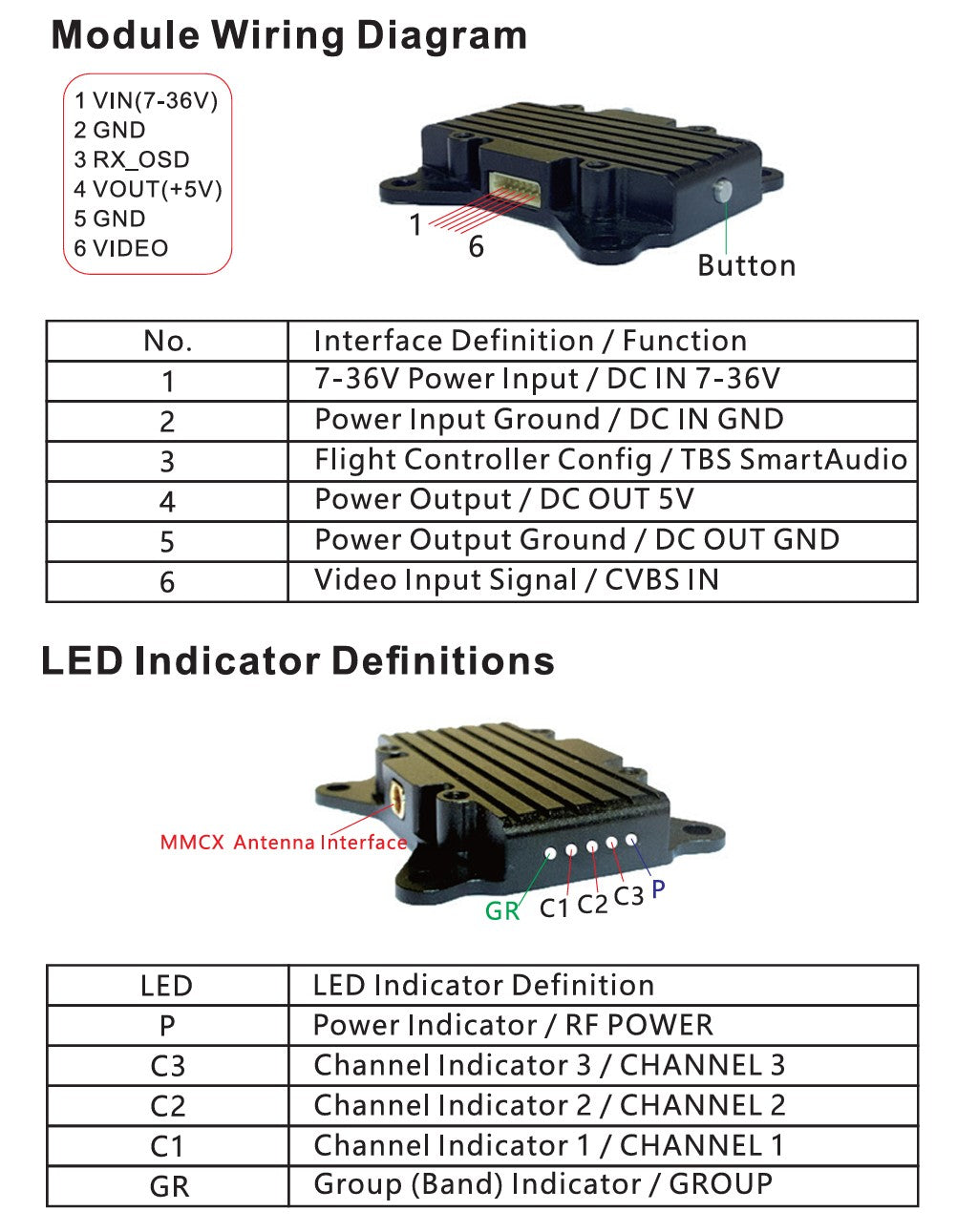 Robofusion VT5804 2.5W VTX — side view showing 6-pin connector and MMCX antenna port