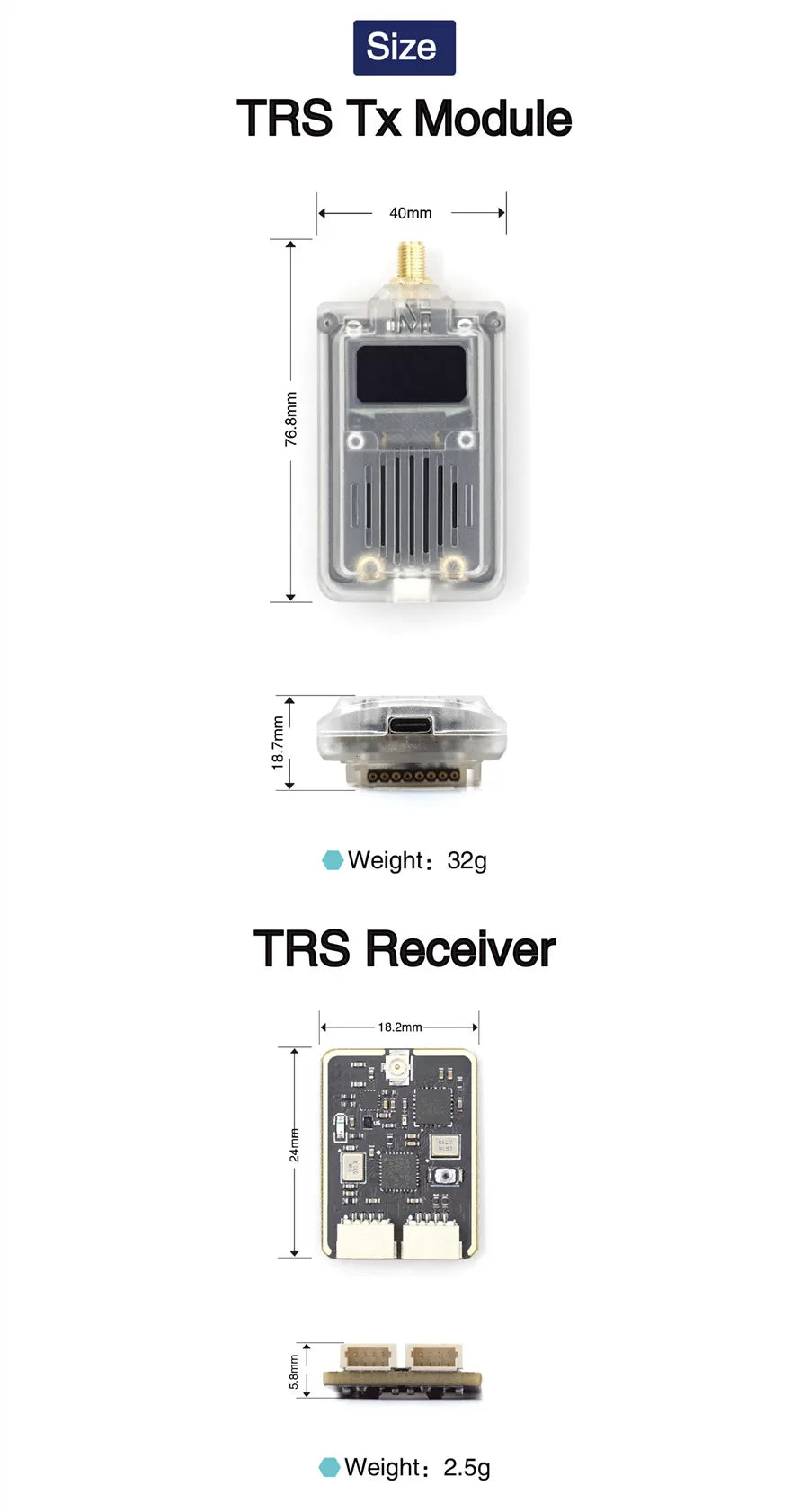 MicoAir TRS TX module and receiver dimensions