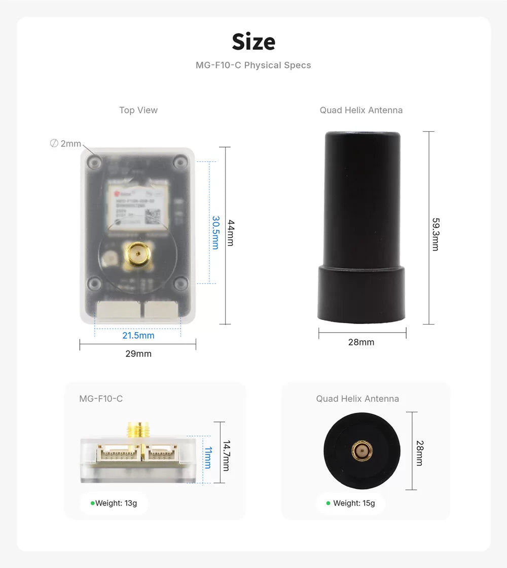MG-F10-C physical dimensions — module 29x44x14.7mm, quad-helix antenna 28x59.3mm