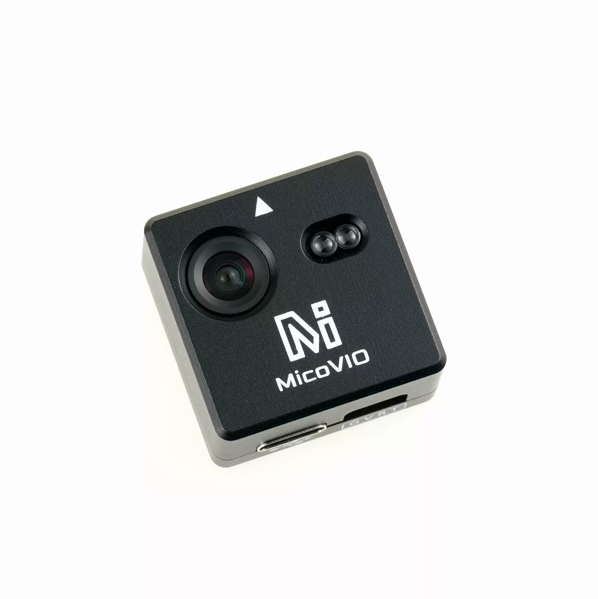 MicoVIO VIO sensor, angled view showing the global-shutter camera lens, ToF rangefinder windows and forward arrow on the black aluminium case