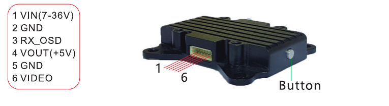 VT5804 video transmitter wiring diagram — 6-pin connector pinout with power, SmartAudio and CVBS video input