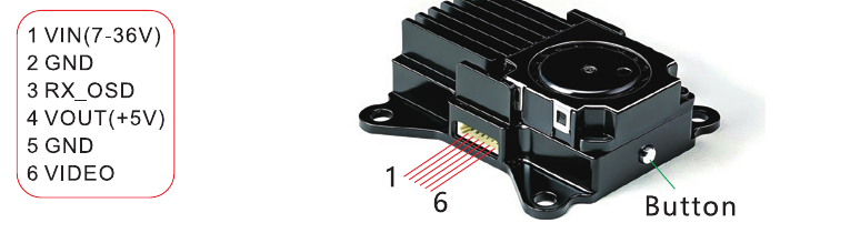 VT5805 video transmitter wiring diagram — 6-pin connector pinout with power, SmartAudio and CVBS video input